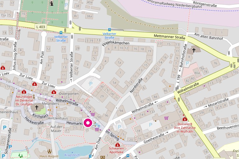 Kartenausschnitt von Wülfrath mit Markierung des YogaHauses in der Heumarktstraße 7
